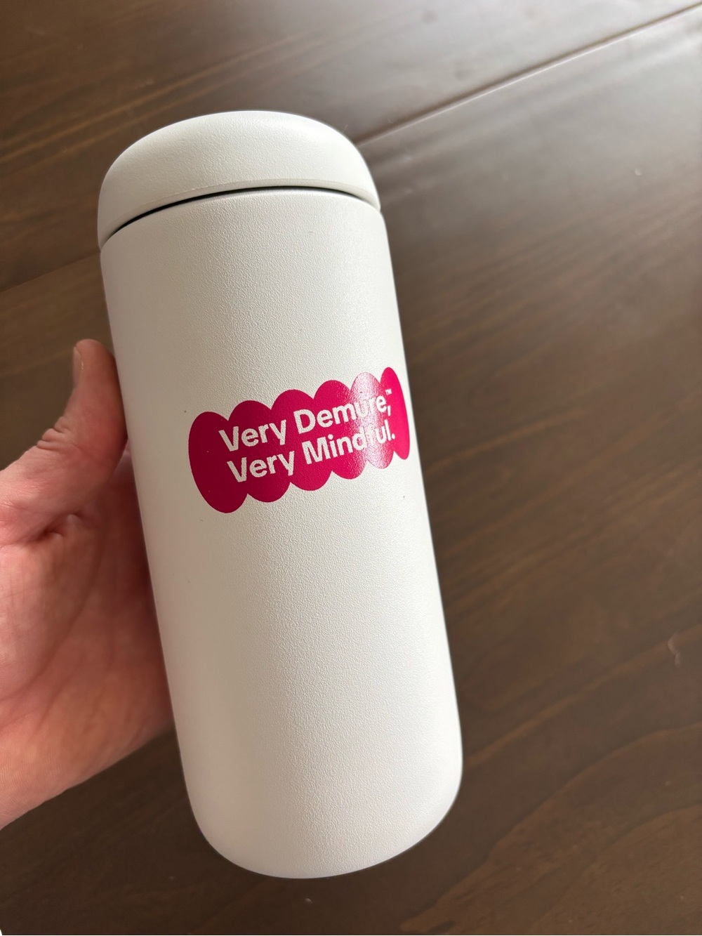 Fellow 16 OZ tumbler with pink 'Very Demure, Very Mindful' graphic